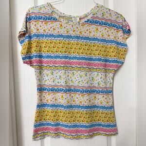 Cleek short dolman sleeved tee colorful multistriped floral blue yellow pink L